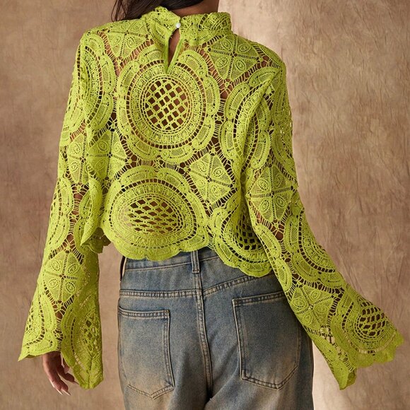 Green Boho Womens Long Sleeve Sheer Hollow Out Flower Inlay Blouse - Picture 2 of 6